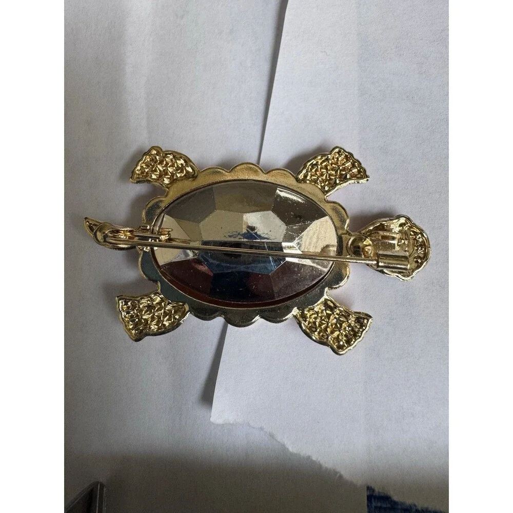 Pink Rhinestone Turtle Brooch Pin Gold Tone Crystal AB Sea Turtle Jewelry
